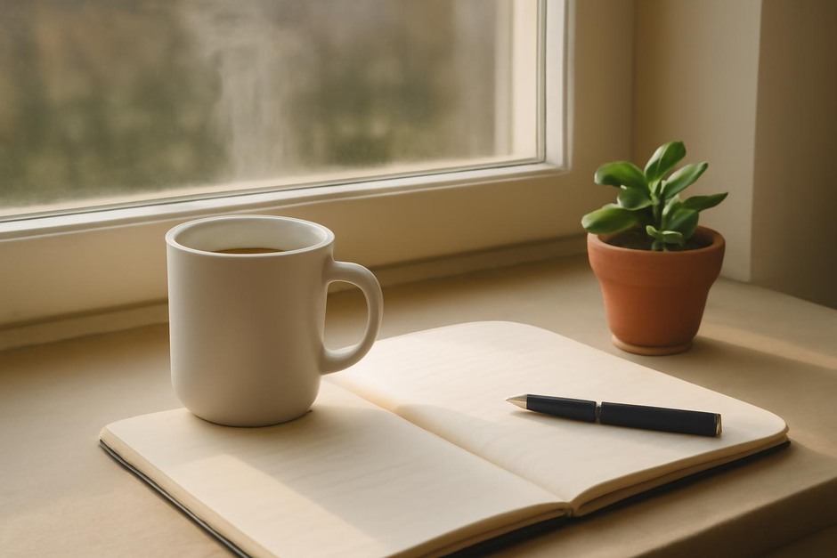 A steaming cup, a notebook and a small plant on a windowsill, afternoon light